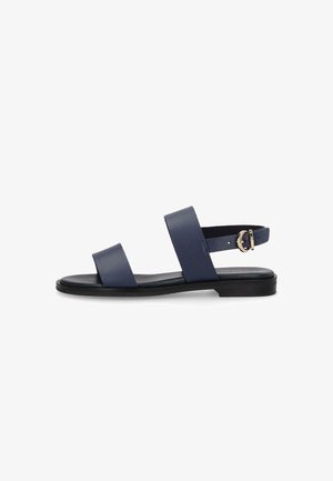 Sandalo piatto blu navy con due ampie fasce e cinturino regolabile alla caviglia con fibbia dorata su suola nera.