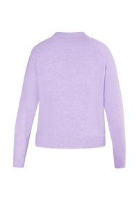 Weicher, lavendelfarbener langärmliger Strickpullover mit geripptem Kragen, Bündchen und Saum, von hinten auf einem weißen Hintergrund gezeigt.
