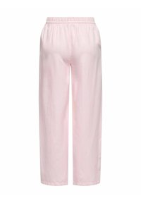 Hele roosa, triibuline, lai säärega püksid, millel on elastne vöökoht ja sile tekstuur, pakkudes lahtist ja mugavat istuvust.