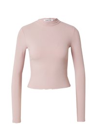 Helles rosa, geripptes Langarmoberteil mit hohem Kragen und cropped Saum. Der Stoff hat eine glatte, elastische Textur. Markenlabel im Nackenbereich sichtbar.