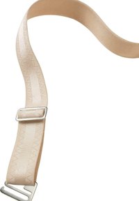 Beige elastische band met zigzagstiksels, een metalen verstelgesp en een haakje, ontworpen voor het bevestigen of vastmaken.