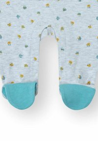 Body de algodón gris con estampados de animales multicolores, con broches en la parte delantera y detalles en verde azulado en los pies. Tela suave y con textura.