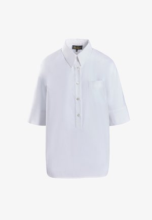 Cămașă albă cu mâneci scurte, guler, închidere cu butoane și un buzunar pe pieptul stâng. Textură netedă, design ajustat și croială lejeră.