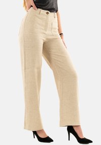 Pantaloni beige a vita alta con vestibilità dritta, dotati di due tasche anteriori e chiusura con bottone, realizzati in un tessuto testurizzato.