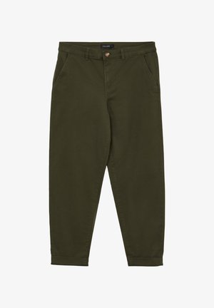 Olive green chinos made from cotton. Features a front button closure, two side pockets, tapered leg design, and rolled cuffs.