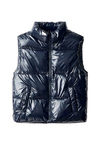 Mörkblå pufferväst med hög krage, glänsande nylonutsida, framtill med dragkedja och två sidofickor. Lätt vadderad textur.