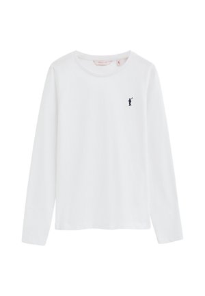 Camiseta blanca de manga larga con cuello redondo y un pequeño logo de jugador de polo azul marino en el pecho izquierdo.