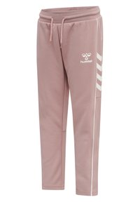 Rosa sweatpants gjorda av mjukt tyg med elastisk midja, vitt logotyp och accentlinjer på sidorna. Slim fit-design.
