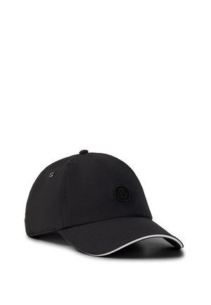 Black baseball cap with curved brim, small circular logo on front, and reflective trim along brim edge, shown against white background.
