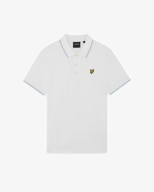 Weißes Polo-Shirt mit einem blauen Kragen und Ärmelakzenten. Verfügt über ein kleines, gelbes gesticktes Logo auf der Brust. Hergestellt aus weichem Stoff.