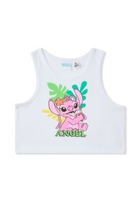Canottiera bianca in cotone con una stampa cartoon colorata di un personaggio rosa con fiori e la parola "ANGEL" in verde.