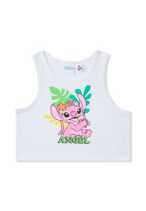 Canottiera bianca in cotone con una stampa cartoon colorata di un personaggio rosa con fiori e la parola "ANGEL" in verde.