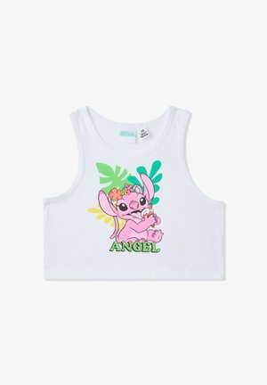 Canottiera bianca in cotone con una stampa cartoon colorata di un personaggio rosa con fiori e la parola "ANGEL" in verde.