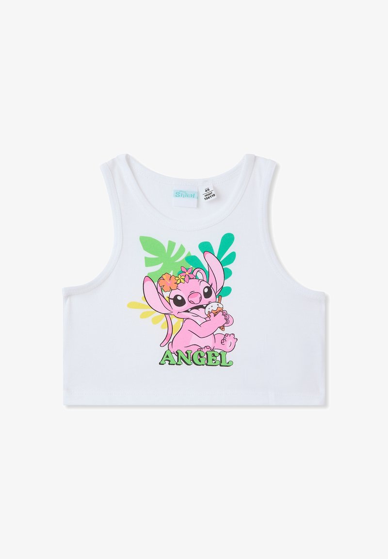 Canottiera bianca in cotone con una stampa cartoon colorata di un personaggio rosa con fiori e la parola "ANGEL" in verde.