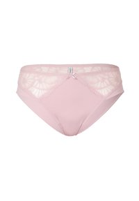 Mutande da donna di colore rosa chiaro con un pannello in pizzo floreale nella parte superiore, tessuto morbido e delicato fiocco al centro davanti.