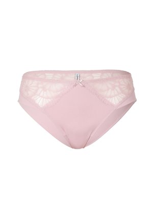 Mutande da donna di colore rosa chiaro con un pannello in pizzo floreale nella parte superiore, tessuto morbido e delicato fiocco al centro davanti.