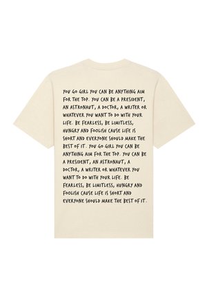 T-shirt en coton beige à manches courtes avec texte motivant imprimé en noir dans le dos. Coupe décontractée, col rond.