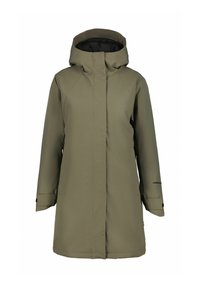 Oliivinvihreä vedenpitävä takki hupulla, jossa suora muotoilu, vetoketjullinen etuosa ja säädettävät hihansuut. Silkkinen pinta, minimaalinen sisustus.