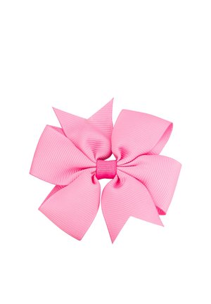 Pink ribbon hair bow crafted from textured fabric, featuring a wide design with six pointed tips and a central band for attachment.