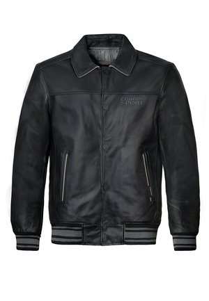 Schwarze Leder-Bomberjacke mit Knopfverschluss, seitlichen Reißverschlusstaschen, gestreiften, gerippten Bündchen und Saum sowie "CORDON SPORT"-Logo auf der Brust.