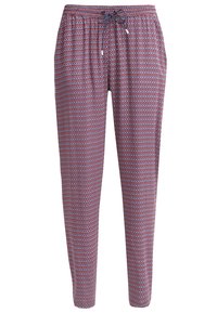 Patronen loungebroeken in marineblauw, rood en wit. Lichtgewicht stof met een elastische tailleband en trekkoord, met zijzakken.