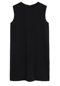 Robe noire sans manches avec un col rond et une fermeture éclair au dos. Silhouette droite, texture lisse et design à longueur genou.