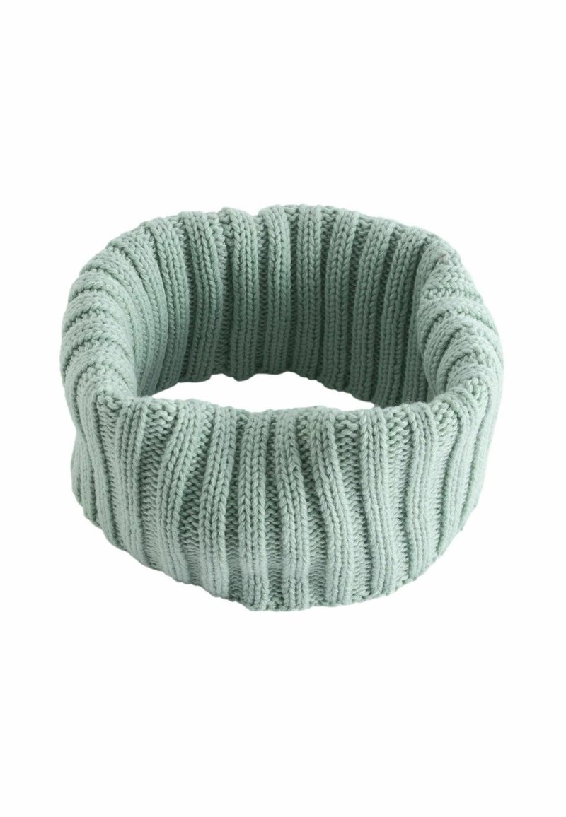 Gestricktes, mintgrünes Haarband mit strukturiertem Rippendesign. Dicke, zylindrische Form, die einen weichen und dehnbaren Sitz bietet.