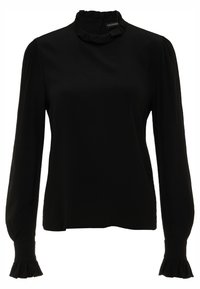 Top nero a maniche lunghe con colletto alto arricciato e sottili dettagli a volant sulle maniche. Tessuto liscio con silhouette aderente.