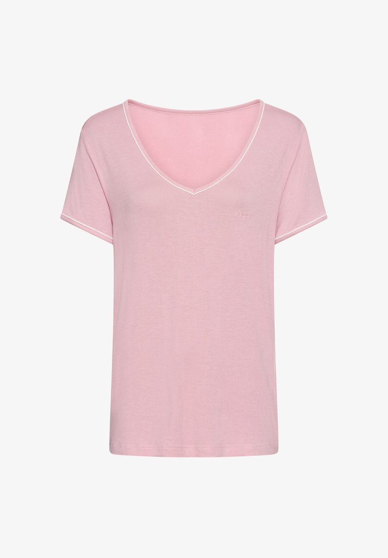 Mäkké ružové tričko s krátkymi rukávmi a výstrihom do V, s jemným bielym lemovaním na golieri a okrajoch rukávov, vyrobené z ľahkej látky.