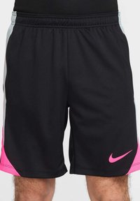 Shorts sportivi neri con un design rosa e grigio, dotati di una cintura elastica e di un logo Nike sul lato sinistro in basso.