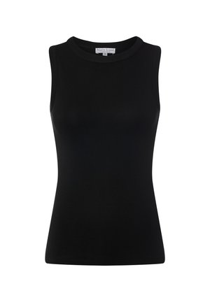 Schwarzes ärmelloses Oberteil aus geripptem Stoff, mit rundem Ausschnitt und figurbetonter Passform. Glatte Textur ohne Muster oder Akzente.