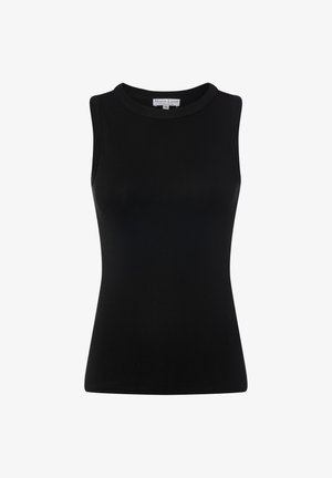 Schwarzes ärmelloses Oberteil aus geripptem Stoff, mit rundem Ausschnitt und figurbetonter Passform. Glatte Textur ohne Muster oder Akzente.