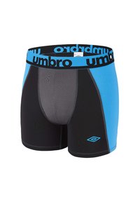 Shorts en tissu extensible noir et bleu, dotés d'un panneau en maille et d'une ceinture noire avec le logo "umbro" en bleu.