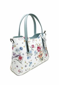Borsa a mano bianca con accenti blu, realizzata in materiale sintetico. Presenta una forma strutturata, doppi manici e un motivo floreale con colori diversi.