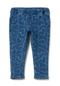 Jeggings azul con una cinturilla elástica, con un patrón de corazones blancos y detalles de costura sutiles. Diseño ajustado con bolsillos frontales.