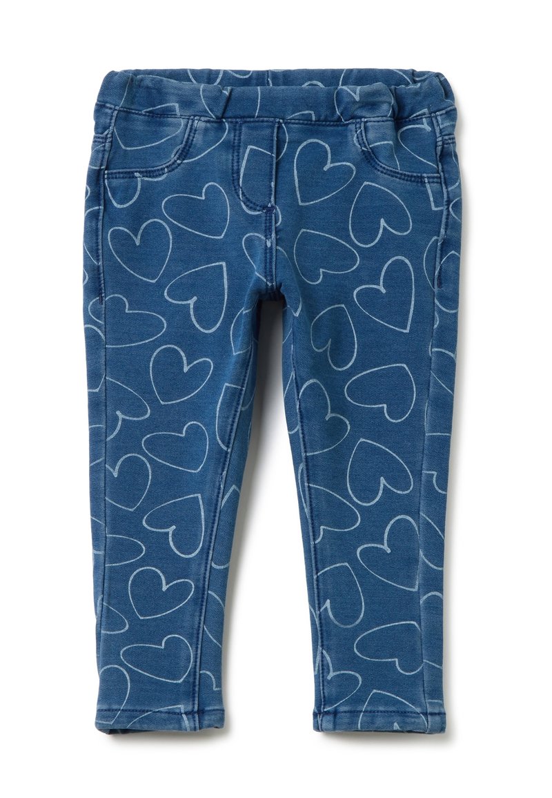 Jeggings azul con una cinturilla elástica, con un patrón de corazones blancos y detalles de costura sutiles. Diseño ajustado con bolsillos frontales.