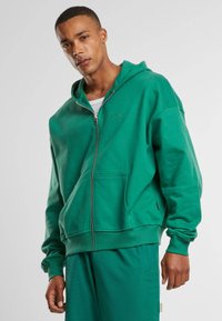 Hanorac din bumbac verde gigant cu fermoar, buzunare frontale și manșete ribbate. Textură netedă și croială lejeră, purtat peste pantaloni asortați de culoare verde.