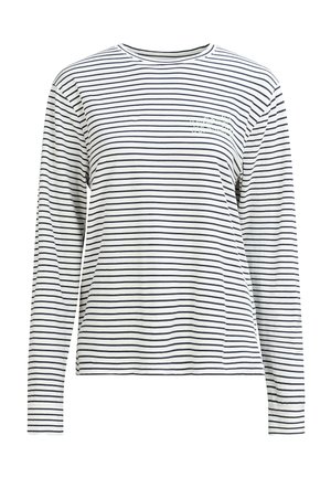 Chemise à manches longues en tissu blanc avec des rayures horizontales bleu marine. Elle présente un col rond et un petit logo sur la poitrine gauche.