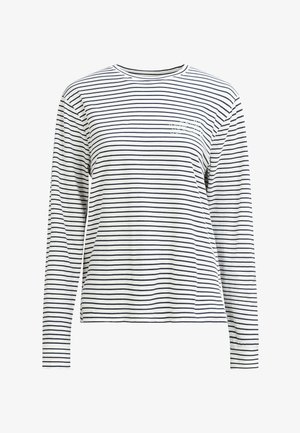 Langarmshirt aus weißem Stoff mit navyblauen horizontalen Streifen. Verfügt über einen runden Ausschnitt und ein kleines Logo auf der linken Brust.