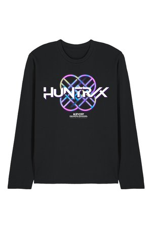 Schwarzes Langarmshirt mit buntem geometrischem Design und Text "HUNTR/X" und "KPOP DEMON HUNTERS" in der Mitte vorne.