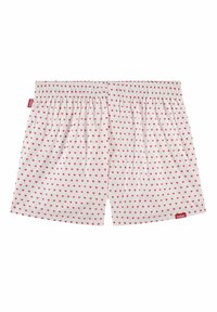 Hvite boksershorts med små røde hjerte mønstre, elastisk midjebånd og en merketag på venstre side. Laget av bomull, avslappet passform.