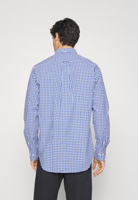 Blauwe en witte gingham-gepatroneerde blouse met een puntkraag, lange mouwen en een rechte zoom, met een centrale rugplooi.
