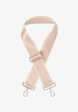 Cinturino a spina di pesce rosa e crema con accessori in argento, caratterizzato da una texture morbida e con clip rimovibili su entrambe le estremità.