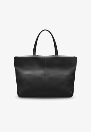 Borsa tote in pelle nera con due manici, forma rettangolare, texture liscia e dettaglio cucitura lungo il centro davanti.