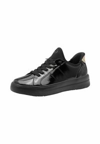 Black sneaker with glossy synthetic upper, lace-up design, padded collar, and black rubber outsole. Features a contrasting tan heel accent.