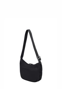 Borsa a spalla nera realizzata in tessuto resistente, con chiusura a zip, tracolla regolabile e dettagli laterali testurizzati per un tocco di originalità.