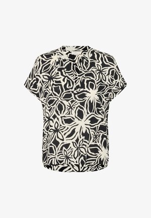 Bluzka z krótkim rękawem w czarno-białym kwiatowym wzorze, lekka tkanina, luźny krój, okrągły dekolt i subtelna faktura.