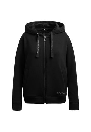 Black zip-up hoodie made of soft fabric, featuring a drawstring hood, two front pockets, and subtle logo accents on the hem.