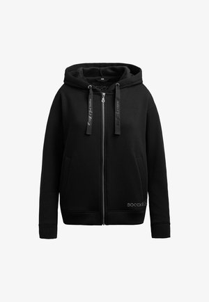 Black zip-up hoodie made of soft fabric, featuring a drawstring hood, two front pockets, and subtle logo accents on the hem.