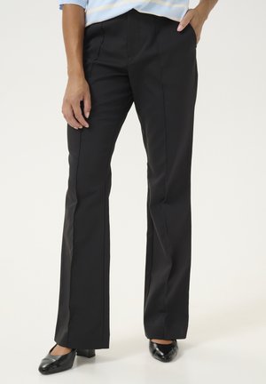 Black tailored trousers with a straight leg design, featuring front crease lines and a smooth fabric texture. Paired with glossy black shoes.